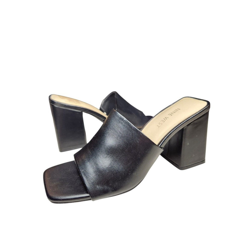 Nine West Black Leather Mules Square Toe Block Heel Slide Sandals Chunky 8 Y2K